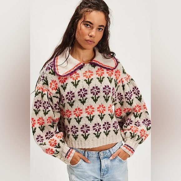 Free People Sweaters - NWT Free People Frills Alpaca Softspun Sweater Floral Oatmeal Tulip Combo